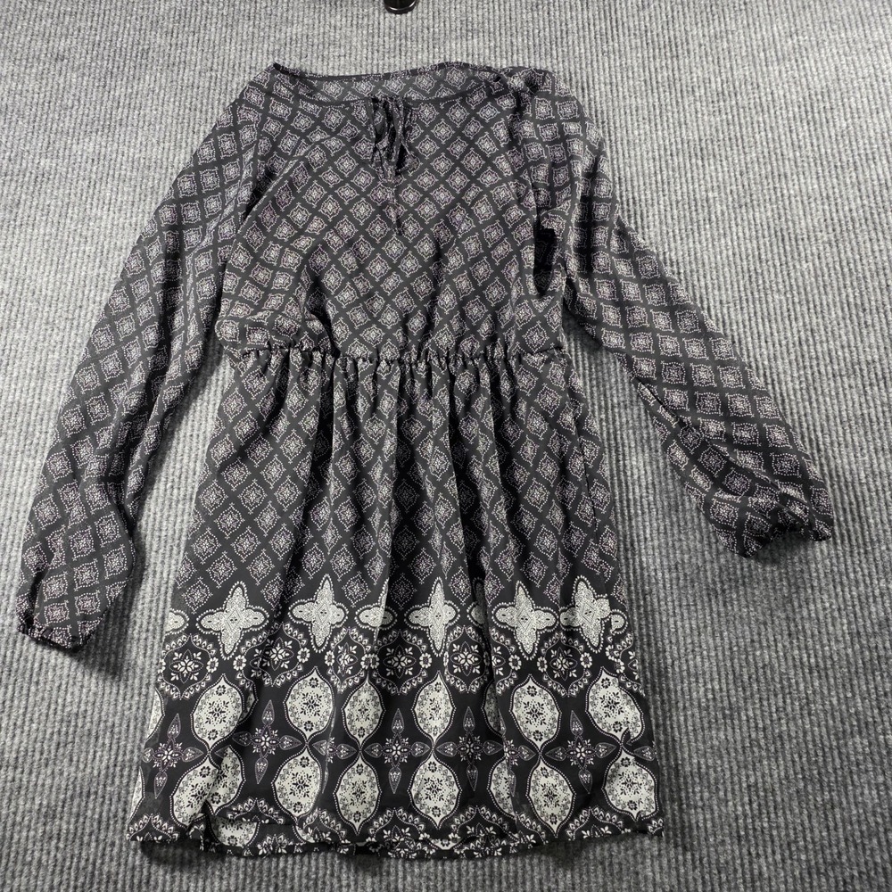 Mudd Womens Black White Medallion Print Long‎ Sleeve Mini Dress Elastic Waist L